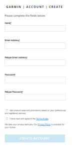 Garmin express login account creation form